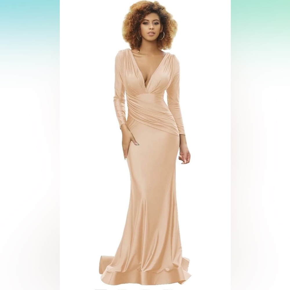 Elegant long sleeve champagne satin dress size 6M